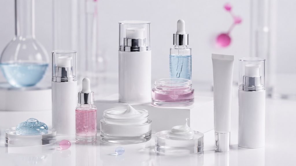 Productos de skincare facial — sérums, cremas y tratamientos en laboratorio