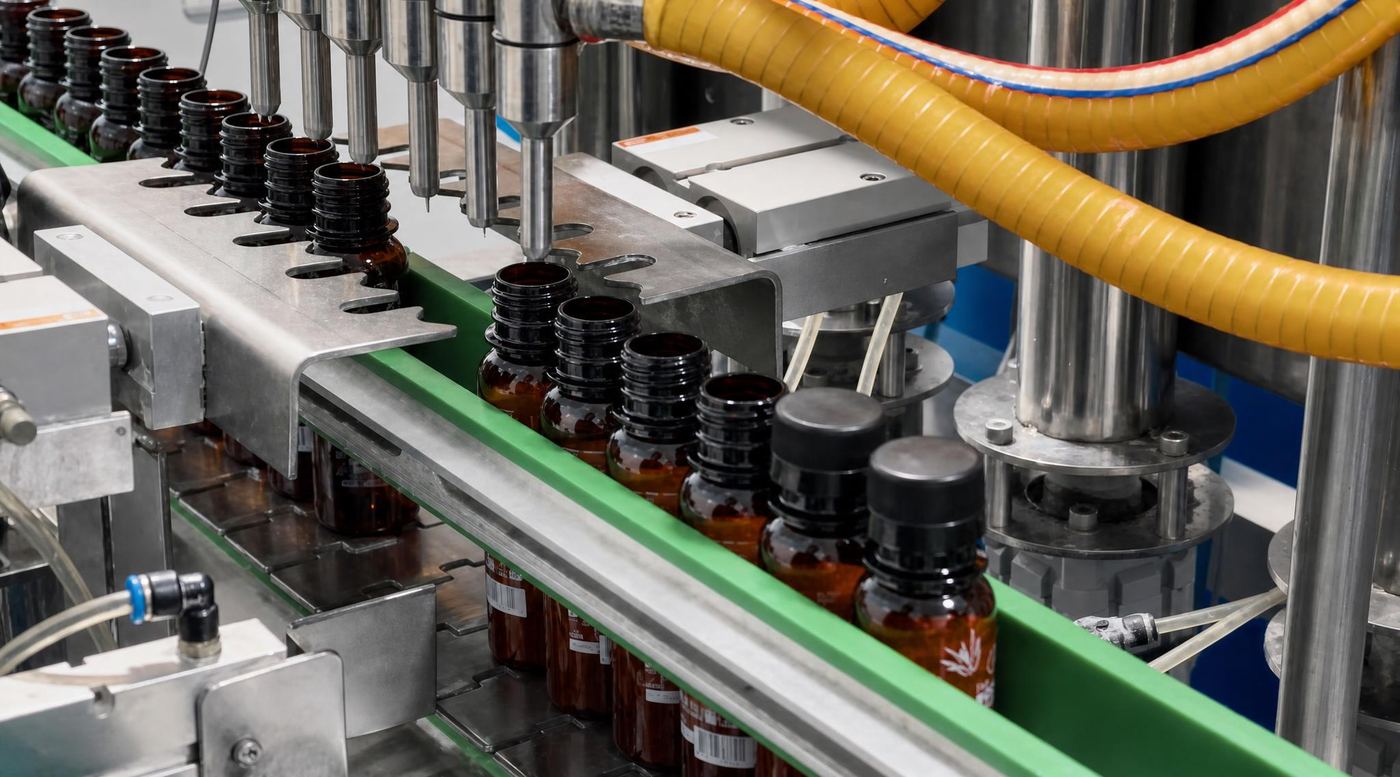 Línea real de llenado de frascos en planta COVESA LAB